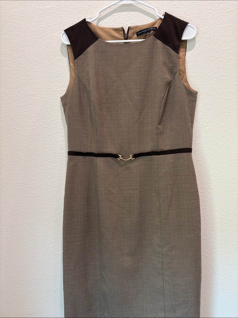 Preston & York Tan Plaid Sheath Dress with Dark Brown Accents